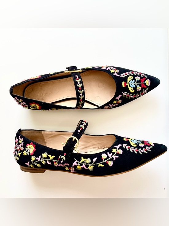 Boden Shoes - Boden Evie Black Embroidered Mary Jane Pointed Toe Floral Flats Boho Cottagecore